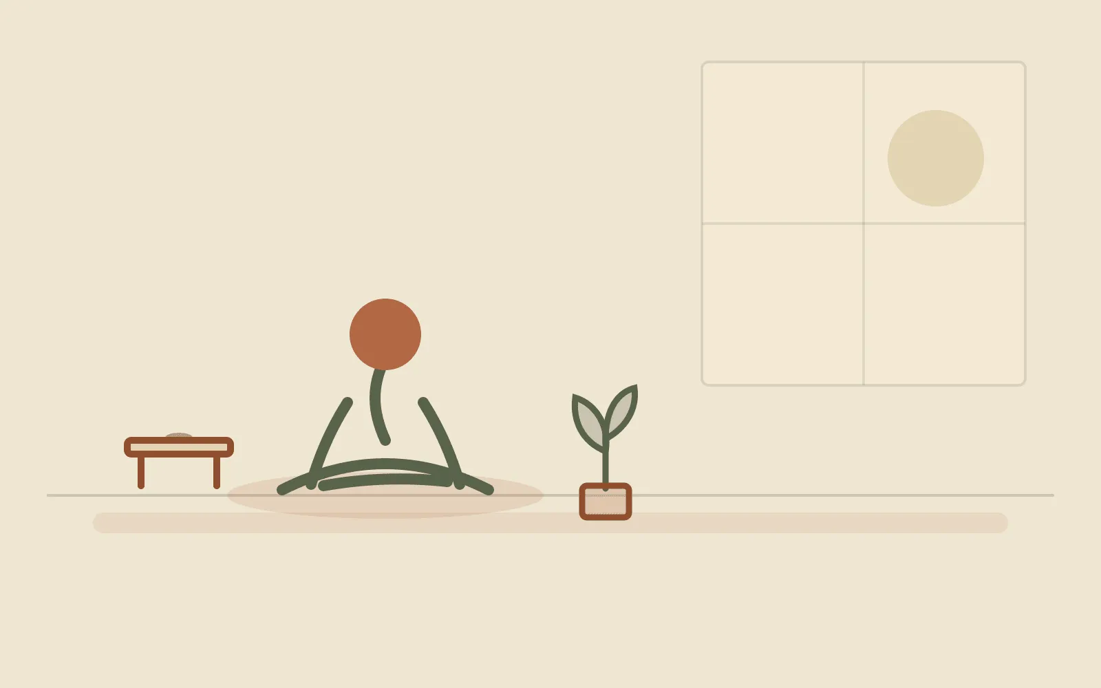 A sunlit room set up for floor living: a low cushion, a chabudai with a cup, a plant, and a bright window.